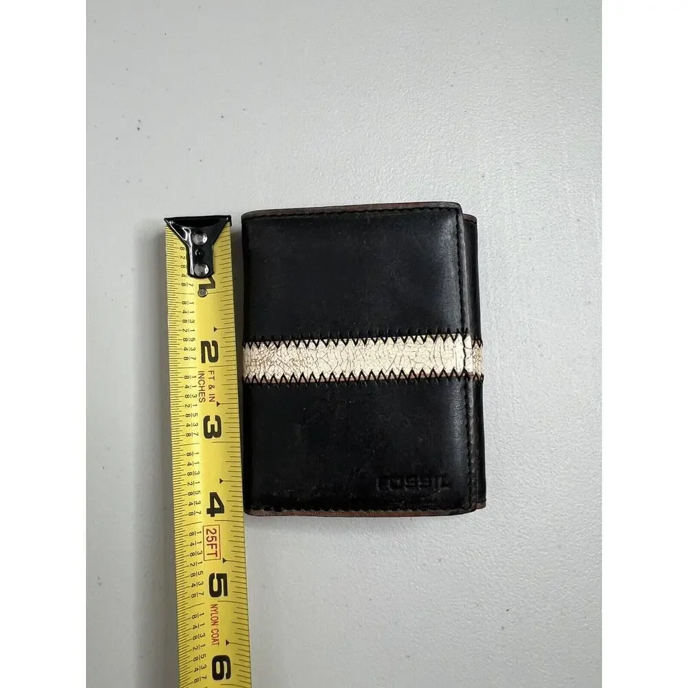 Fossil Trifold Brown Leather Stripe Mens Wallet Small